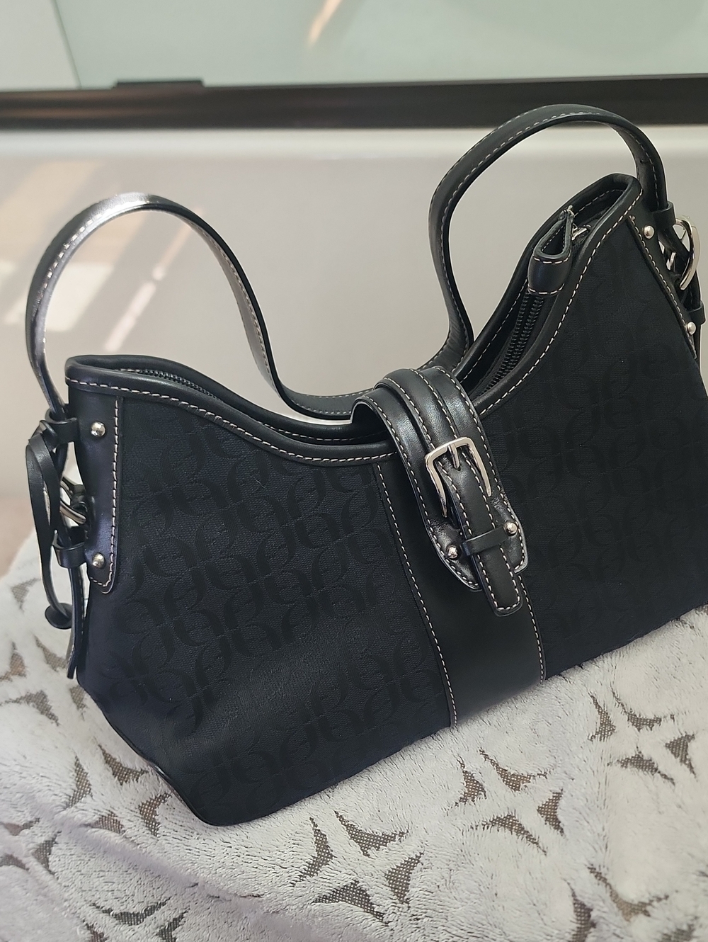 Fossil,Black Signature Jacquard Shoulder Bag with Buckle Strap